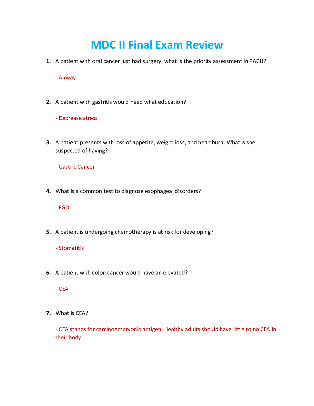 Preview image for NUR 2392 / NUR2392 Final Exam Review: Multidimensional Care II / MDC 2 Final Exam Review (2021/2022) Rasmussen